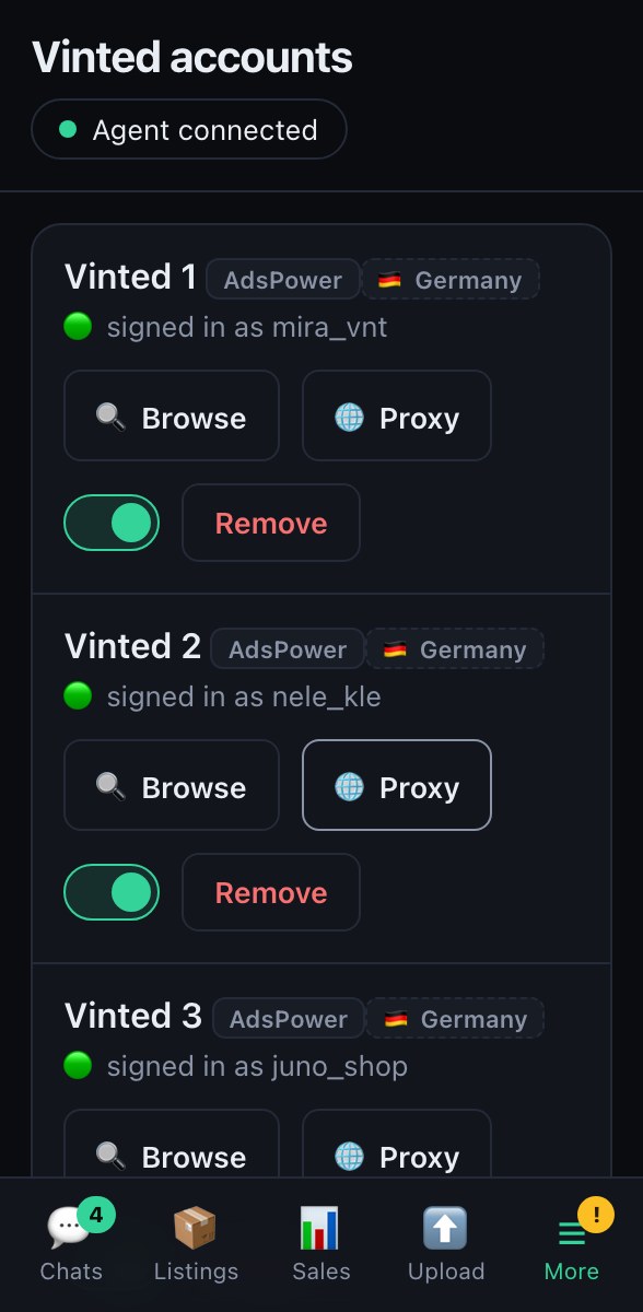 VintPilot dashboard: three connected Vinted accounts, each with its own browser
