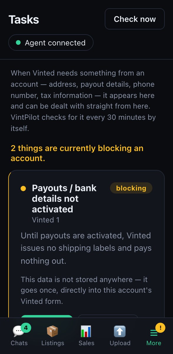 VintPilot dashboard: outstanding account tasks such as a missing address or payout details