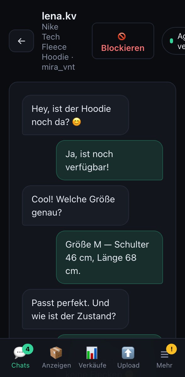 Ein geöffneter Chat: antworten, Angebot machen, Käufer blockieren.