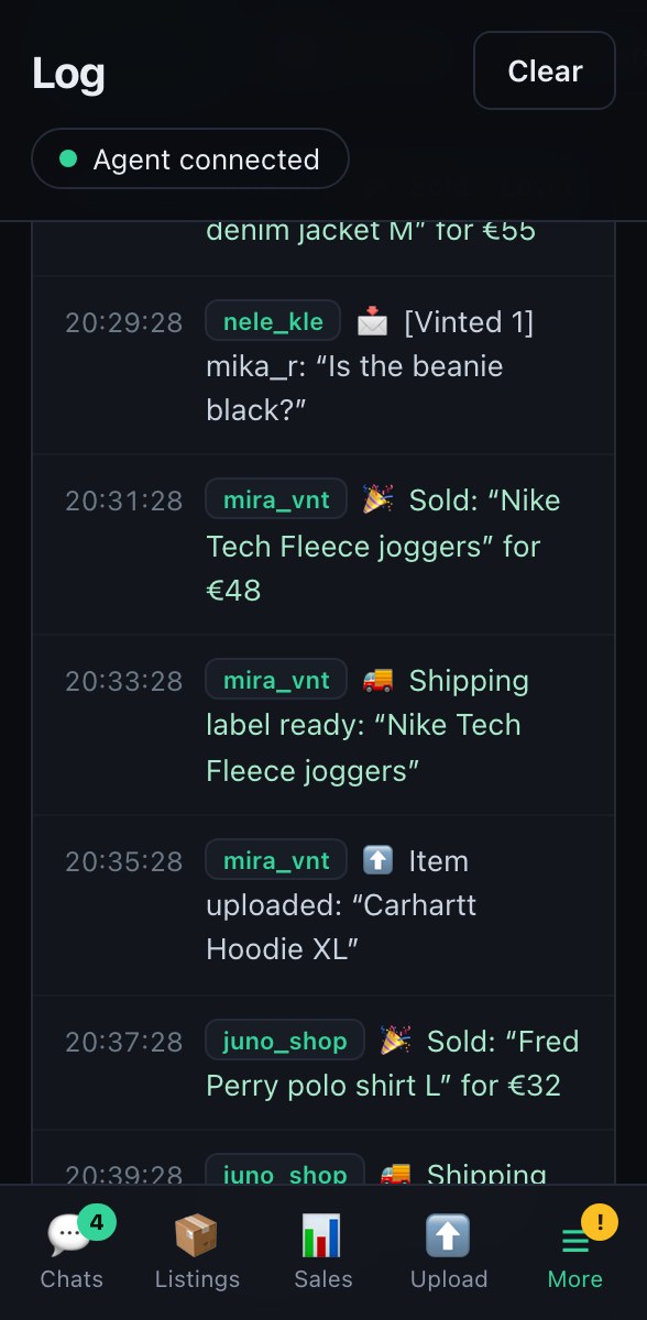 VintPilot dashboard: live log of everything happening in the background