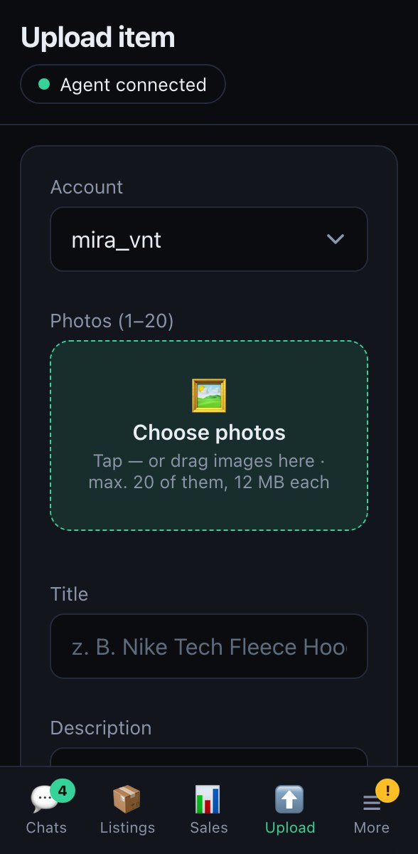 VintPilot dashboard: uploading an item from your phone with photos, title, price and account