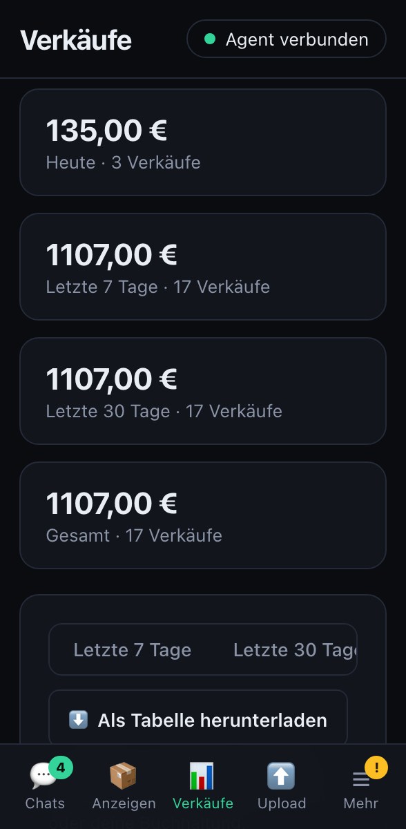 VintPilot-Dashboard: Verkäufe und Umsatz über alle Vinted-Konten zusammengerechnet